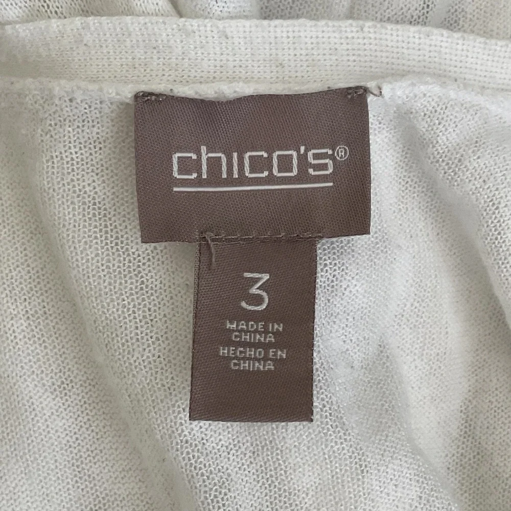 Chicos White Animal Prnt Semi Sheer Open Front Cardigan XL 3 Resort Coastal Chic